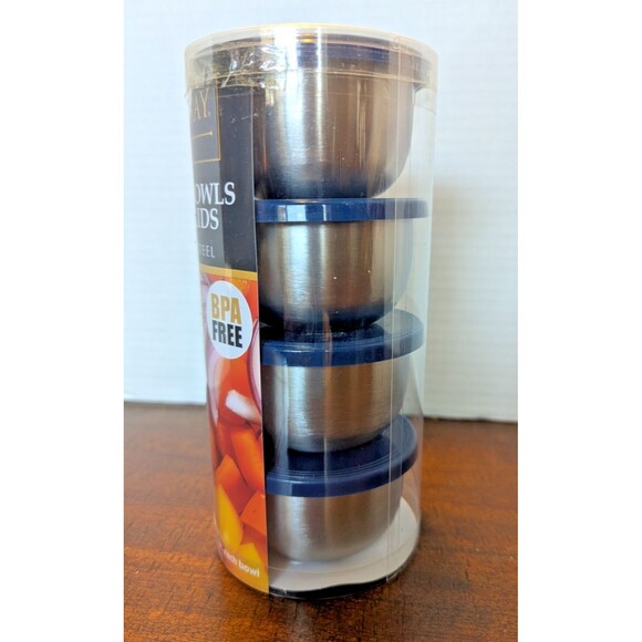 Bombay Prep Bowls and Blue Lids 4pc Stainless Steel BPA-Free Plastic 4.4 oz Each - Picture 1 of 6